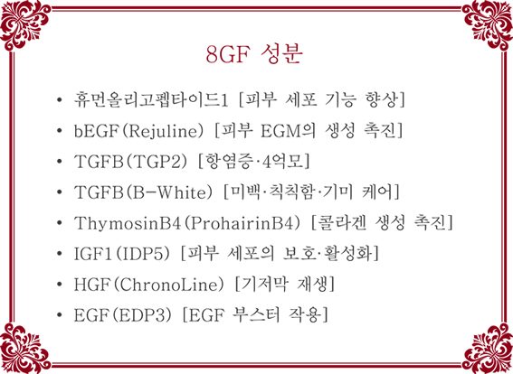 • 휴먼올리고펩타이드1 ［피부 세포 기능 향상］• bEGF（Rejuline） ［피부 EGM의 생성 촉진］• TGFB（TGP2） ［항염증·4억모］• TGFB（B-White） ［미백·칙칙함·기미 케어］• ThymosinB4（ProhairinB4） ［콜라겐 생성 촉진］• IGF1（IDP5） ［피부 세포의 보호·활성화］• HGF（ChronoLine） ［기저막 재생］• EGF（EDP3） ［EGF 부스터 작용］